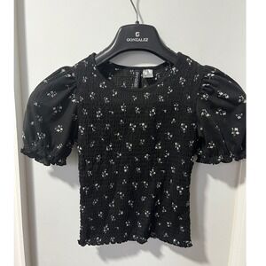 H&M Divided Black Floral Smocked Puff Sleeve Top XS Cottagecore Blouse